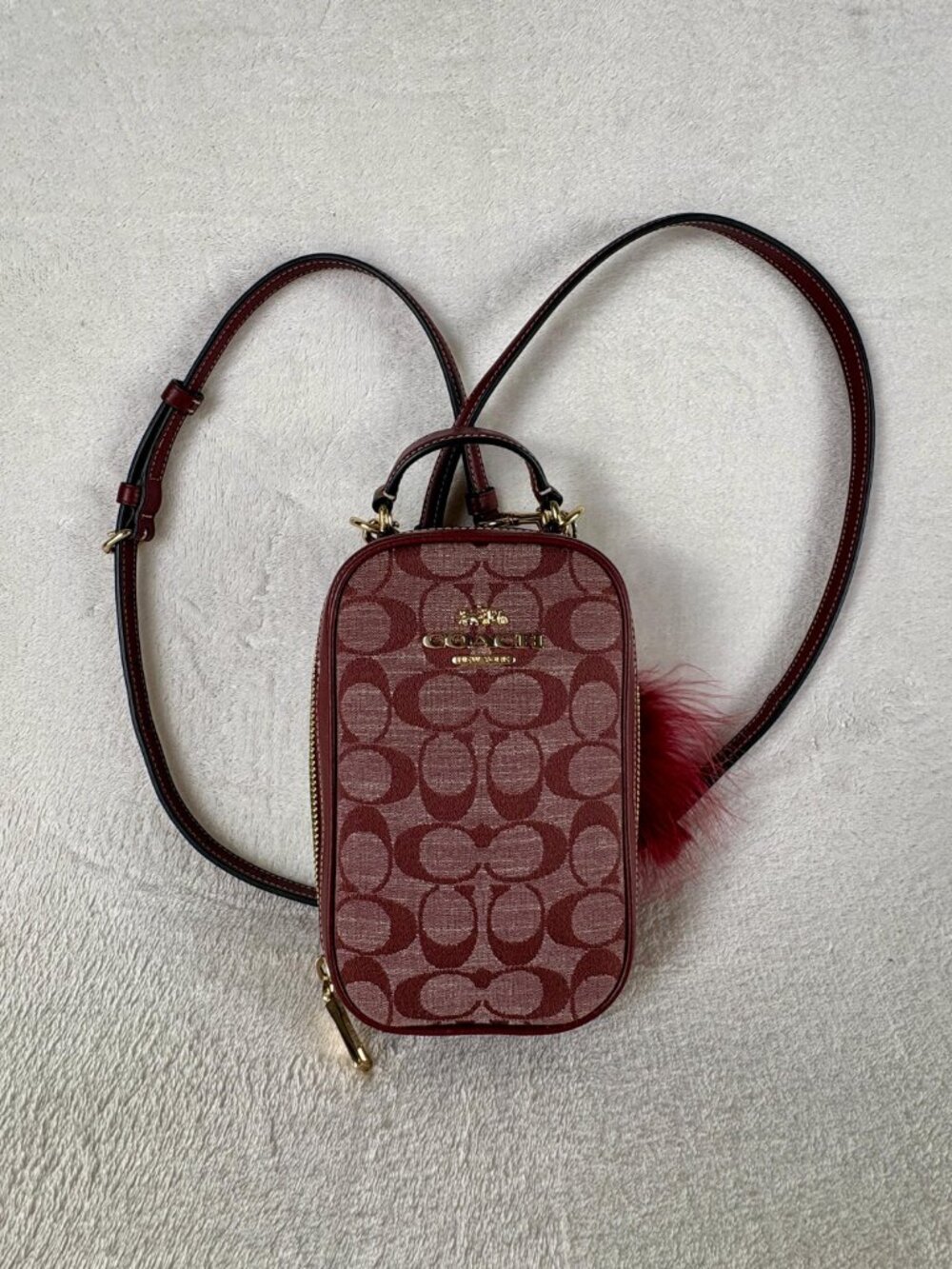 Coach Eva Phone Crossbody in Signature Chambray and Leather in Wine with Charm - Picture 15 of 16